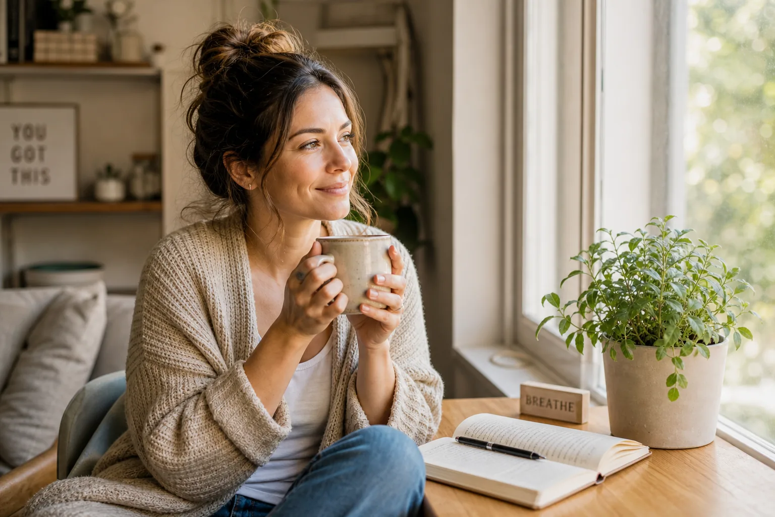 A parent taking a quiet self-care moment with coffee and a journal