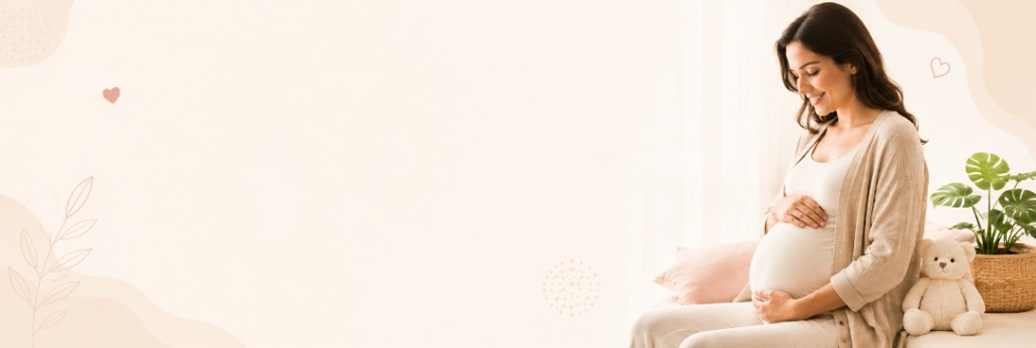 Expectant mother resting her hands on her bump in a calm, sunlit room