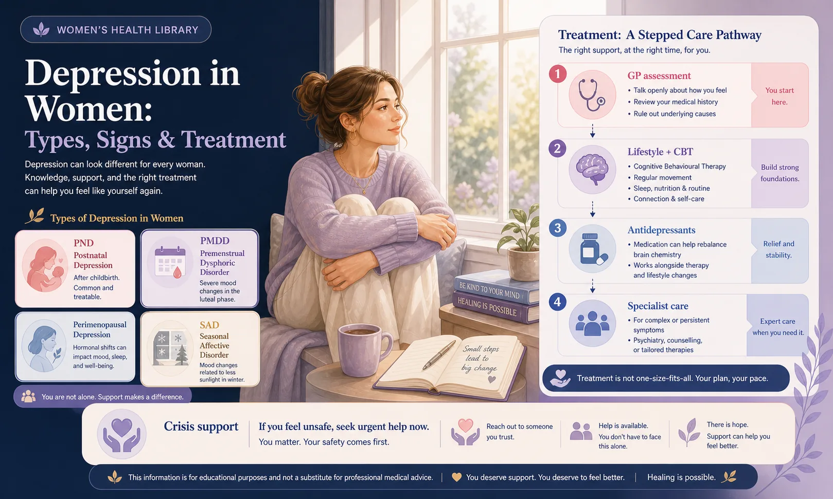 A woman sitting quietly by a window in soft light, reaching out for support and care