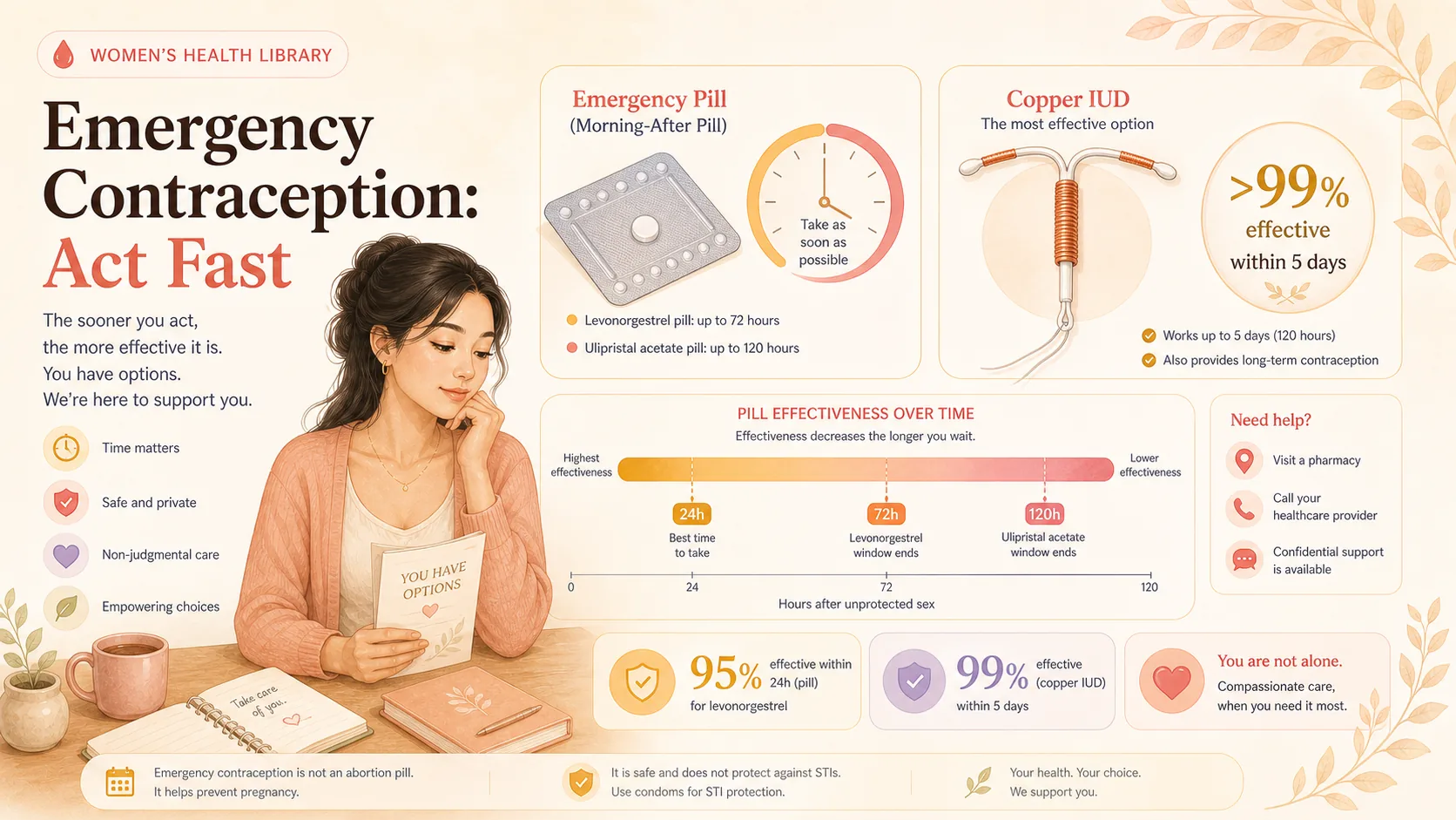 A calm, reassuring illustration about emergency contraception and the morning-after pill