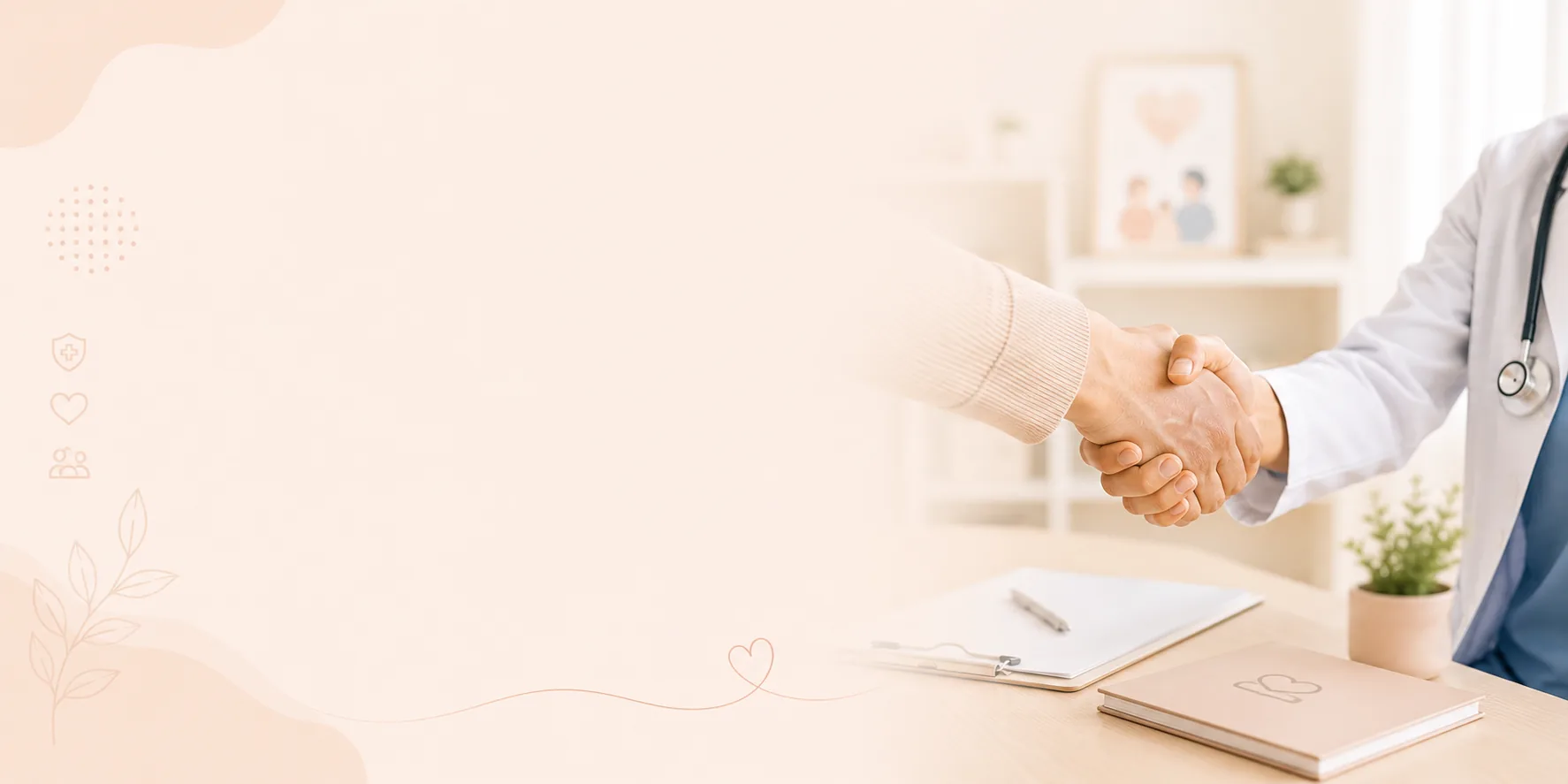 A healthcare professional in a white coat shaking hands with a partner