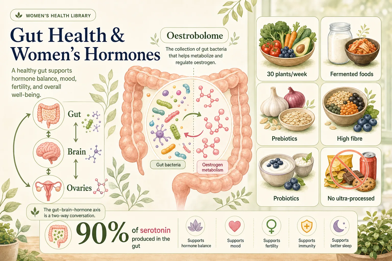A colourful plate of fibre-rich, gut-friendly foods including dal, vegetables, fruit and curd