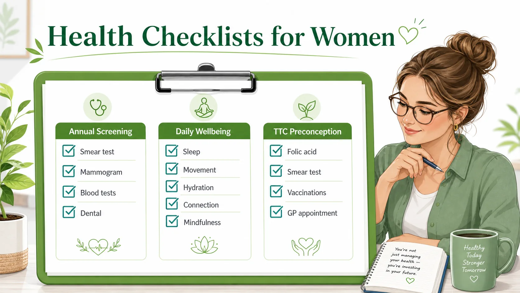 Checklists — step-by-step health and parenting checklists for every stage.