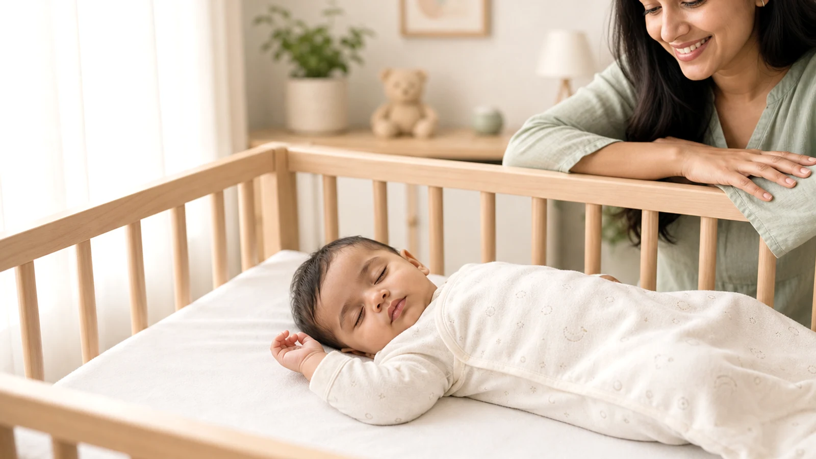 Baby sleeping peacefully in a bright safe nursery.