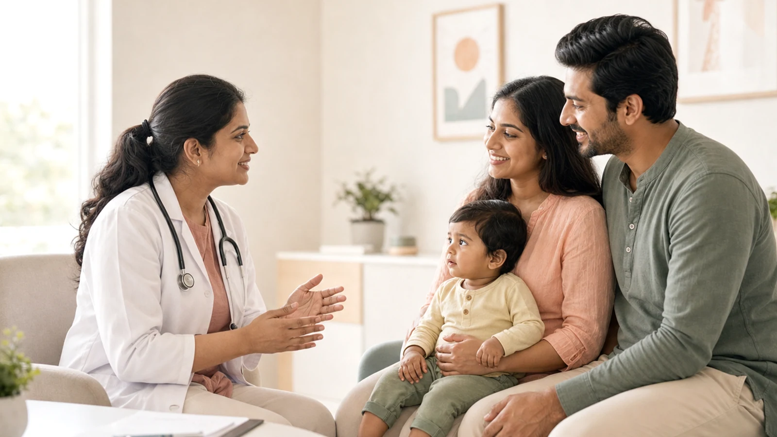 Indian couple speaking with a doctor about fertility support.