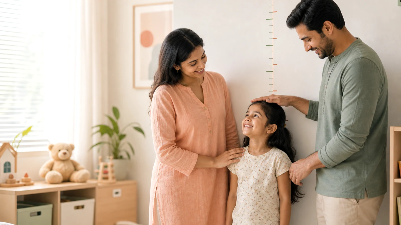 Indian parents checking a child's growth chart at home.