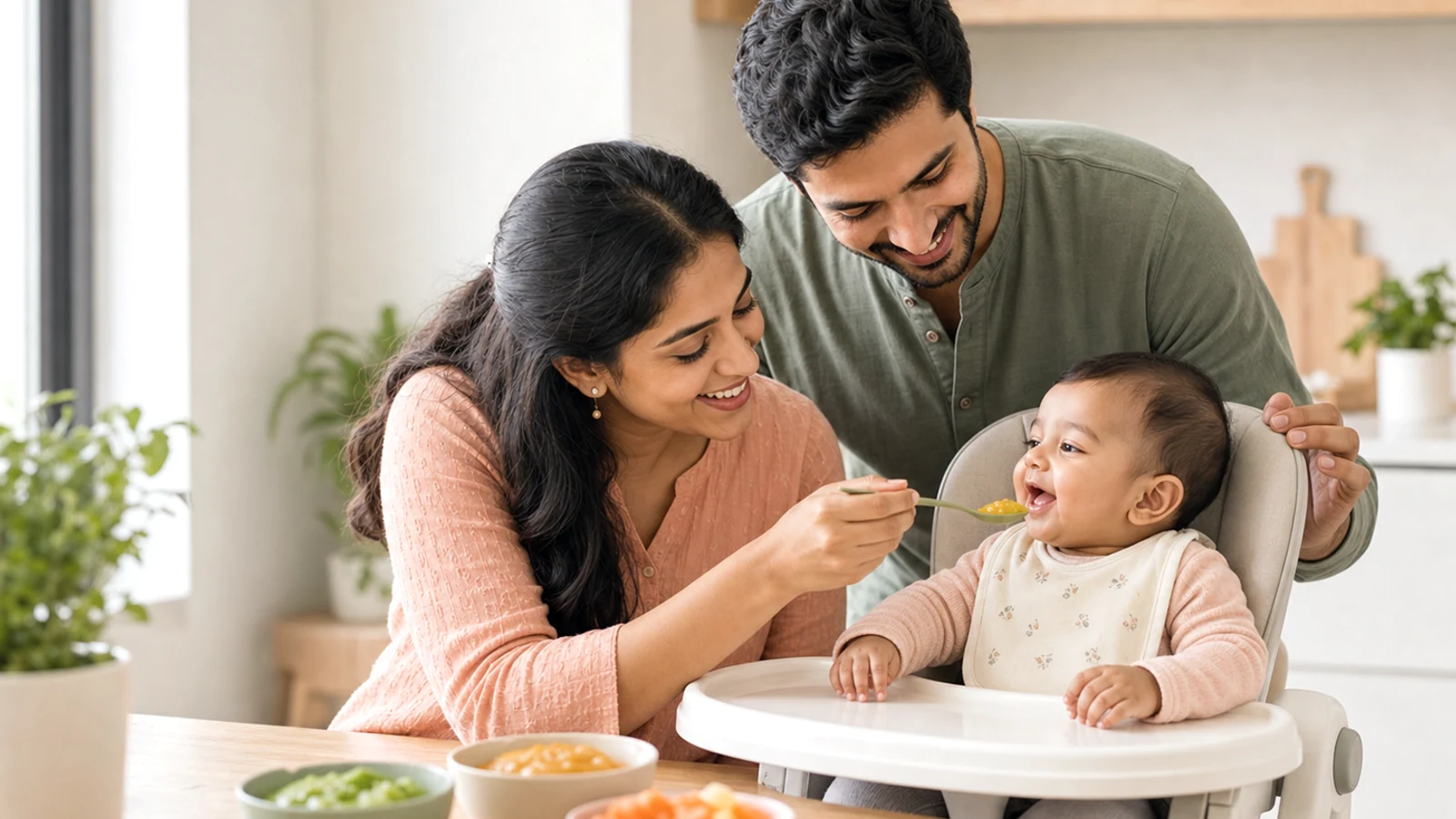 Indian parent introducing first foods to a baby.
