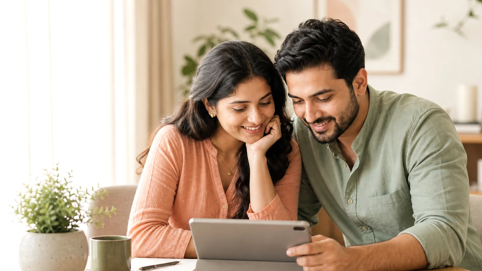 Indian couple reviewing fertility guidance together.