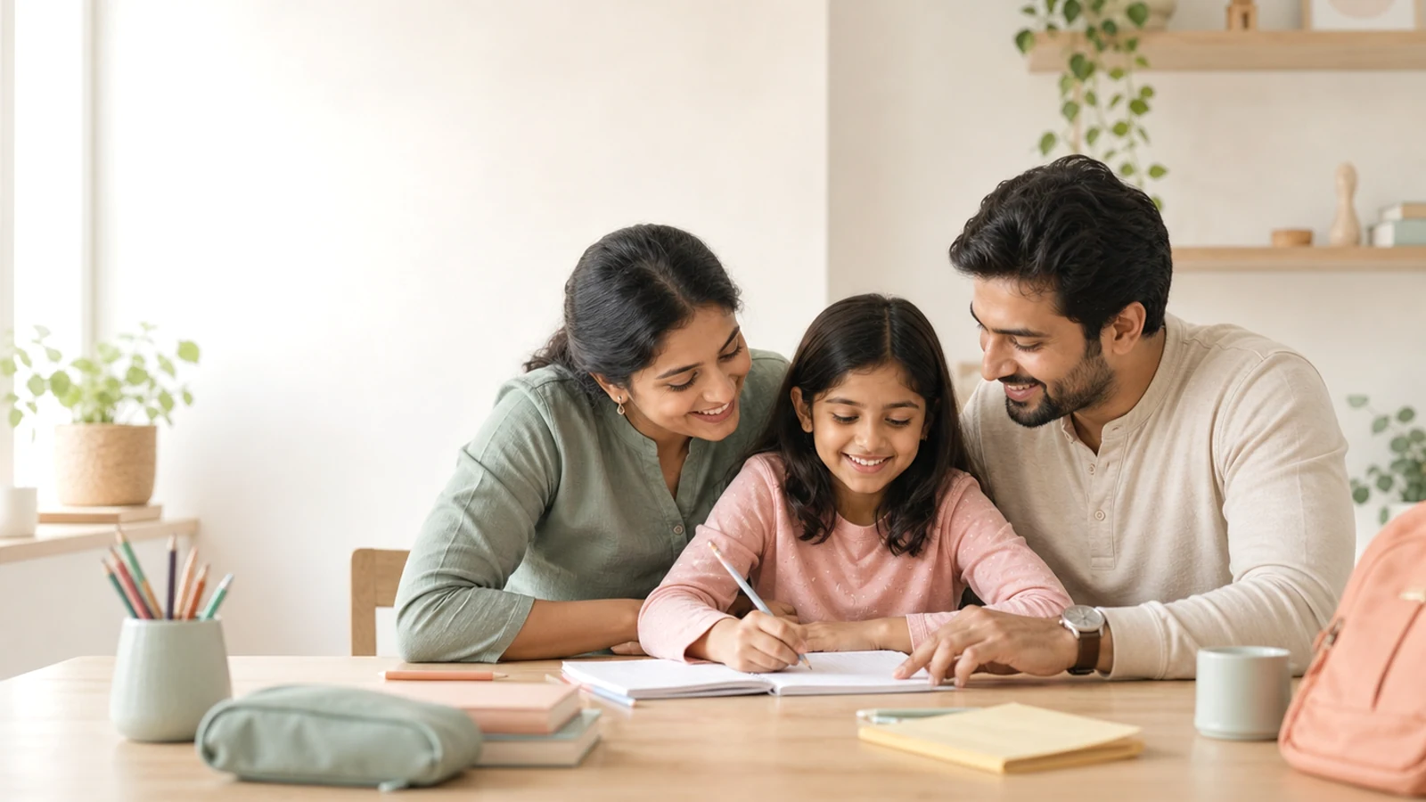 Indian school-age child learning with supportive parents.