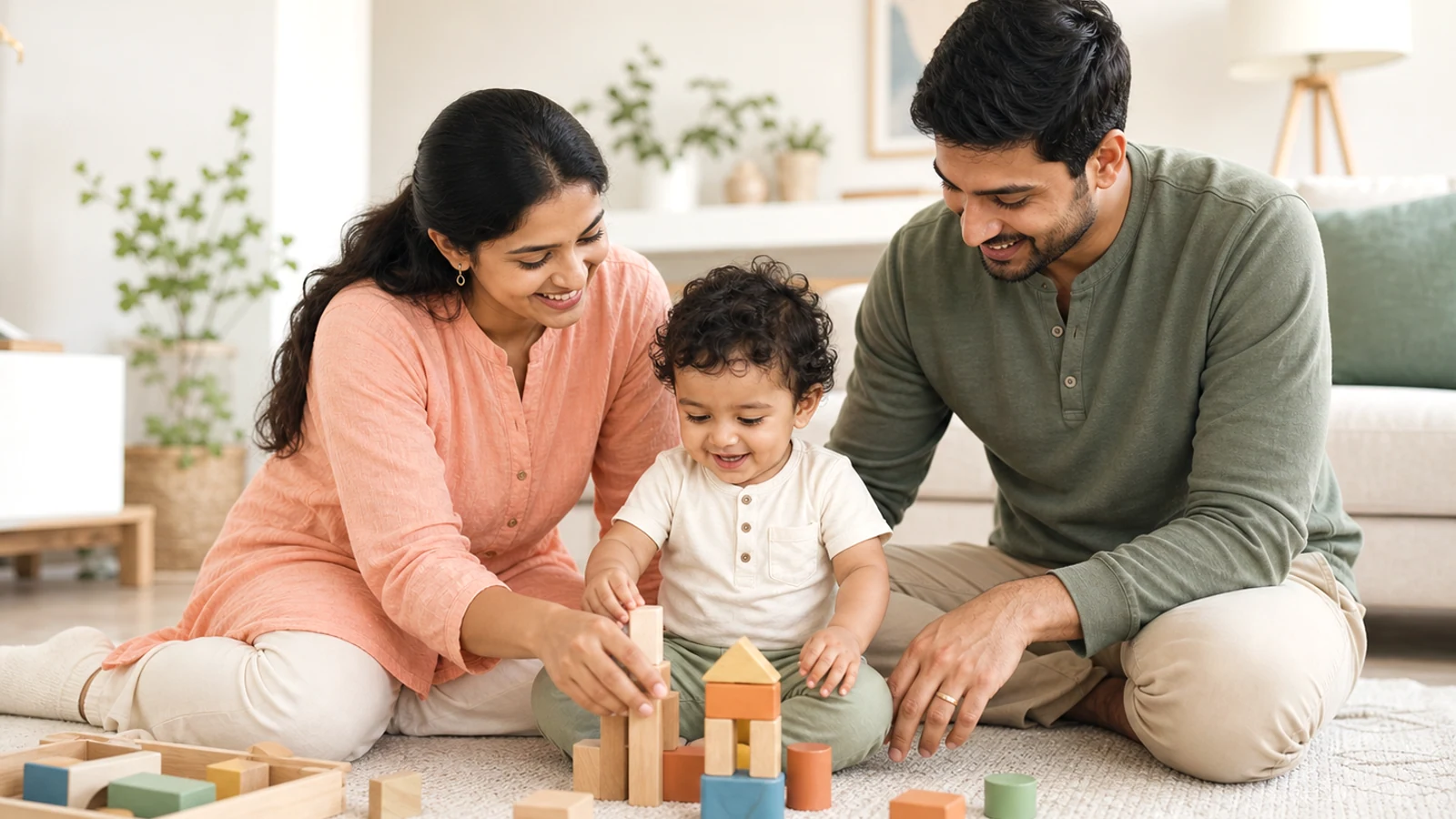 Indian parents playing calmly with a toddler at home.
