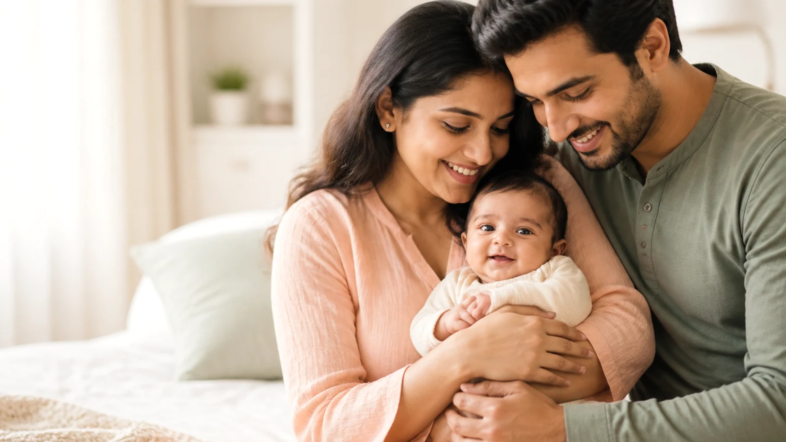 Indian parents supporting early baby development at home.