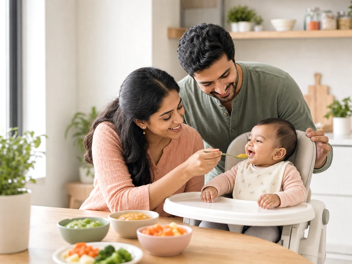 Indian parent feeding a baby in a bright modern home.