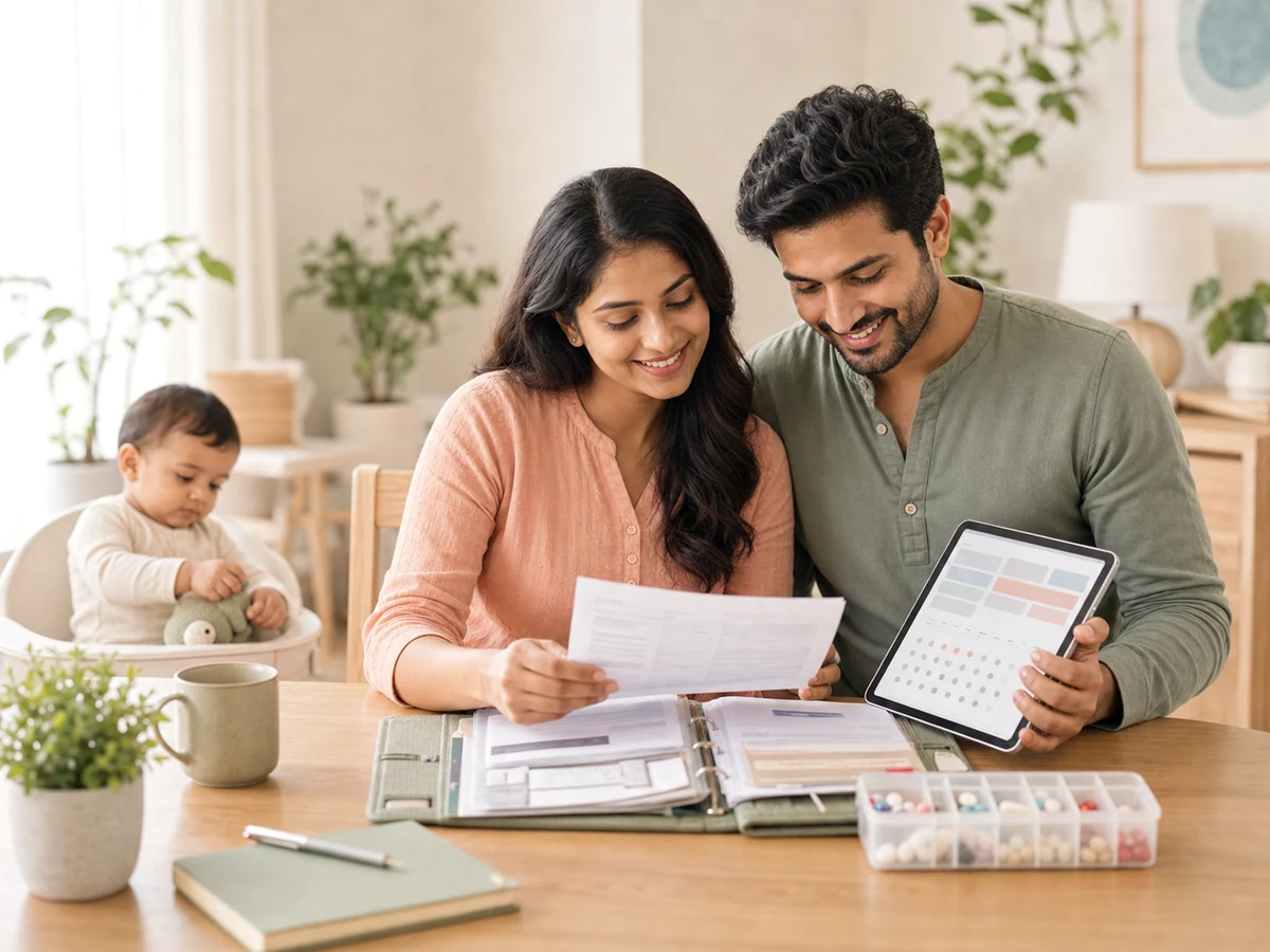 Indian parents organizing family health records together at home.