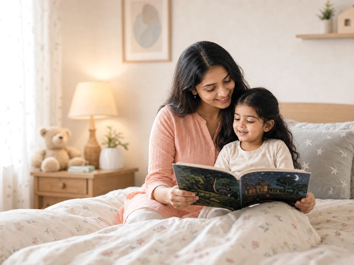Indian mother reading with her child in a bright bedroom.
