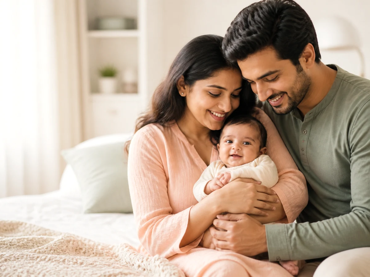 Indian parents cuddling their baby in a bright modern home.