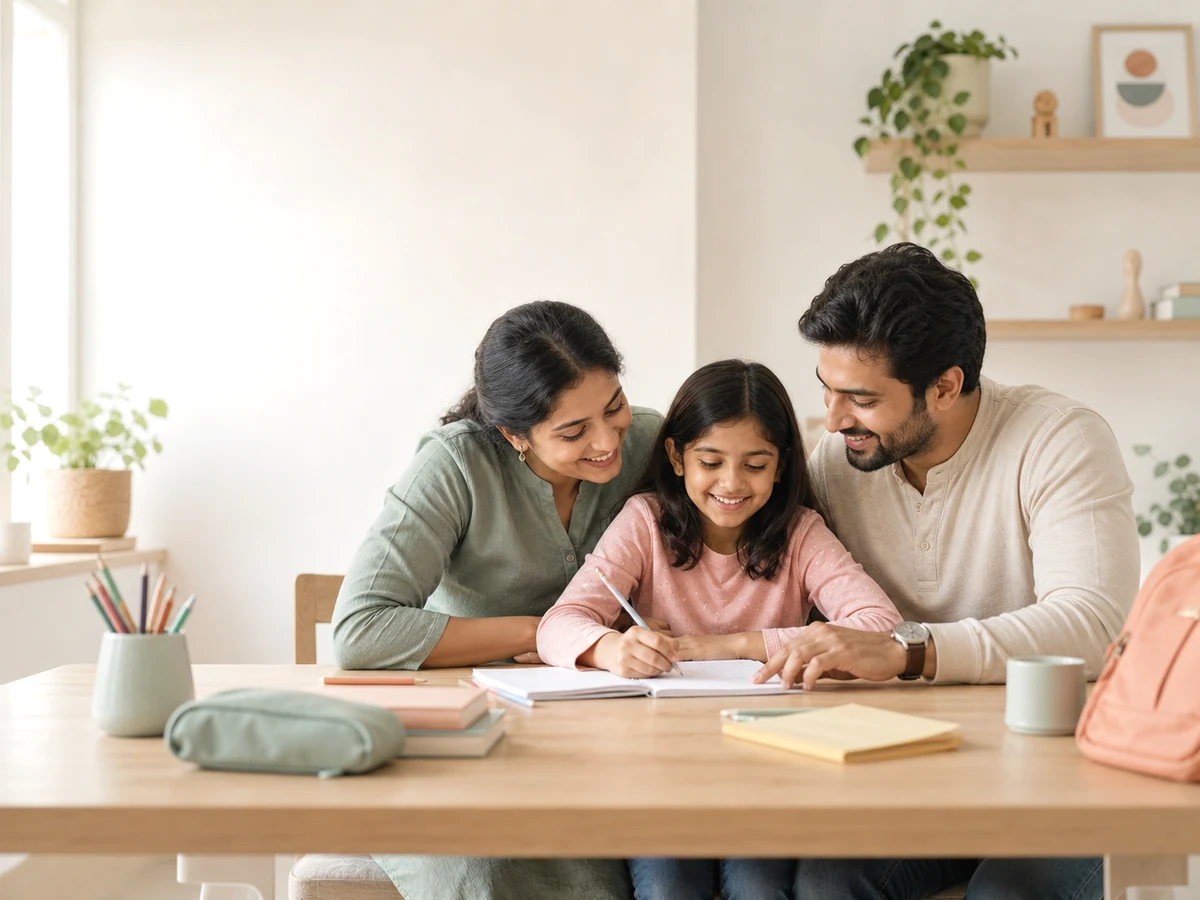 Indian child learning at home with supportive parents.