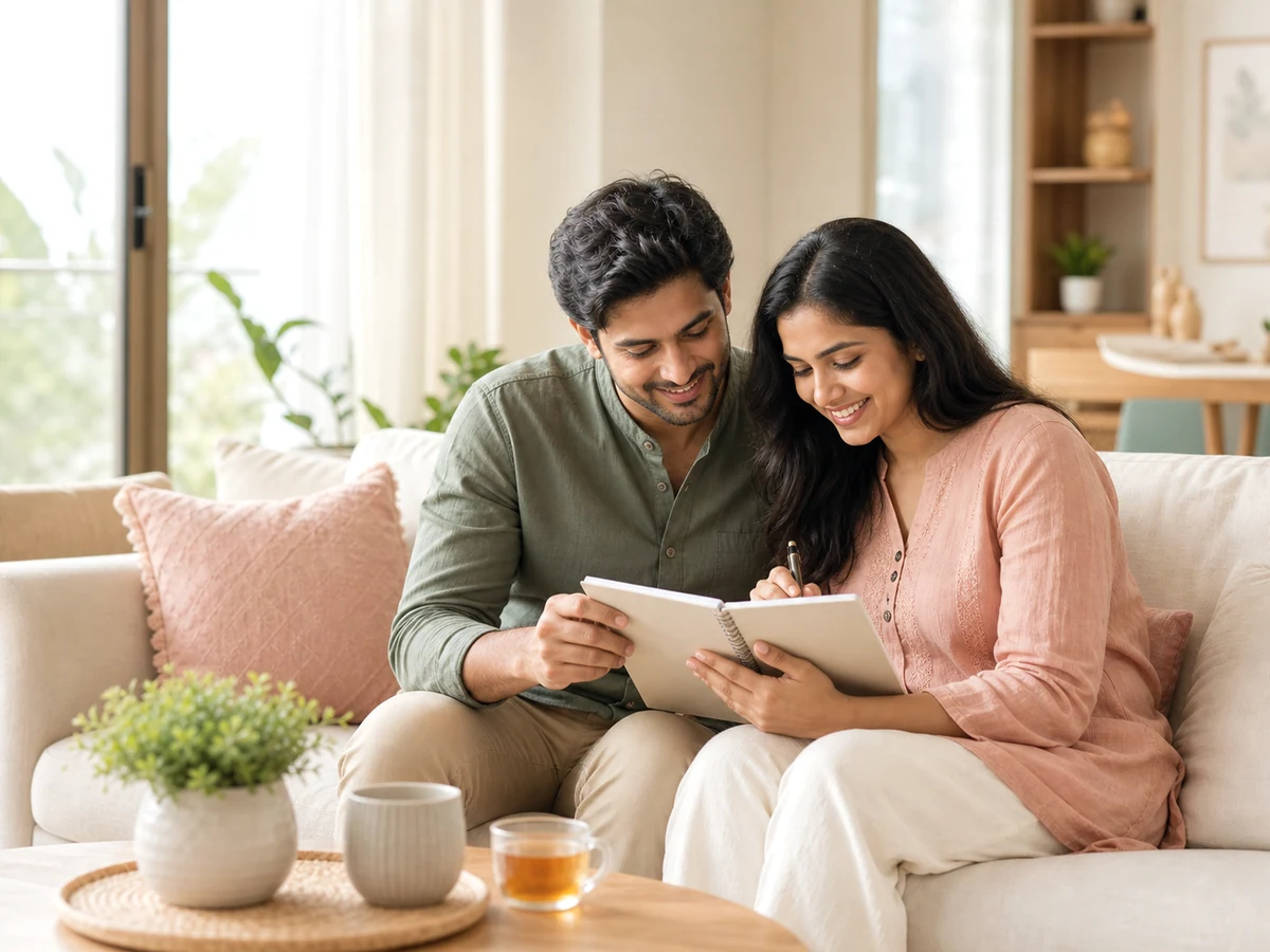 Indian couple planning parenthood together in a calm bright home.