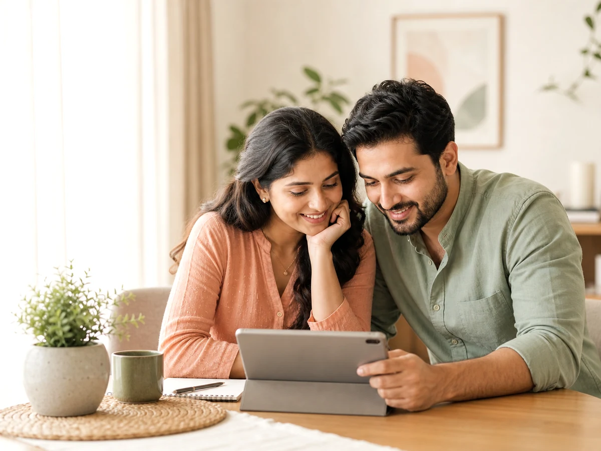 Indian couple reviewing fertility guidance together on a laptop.