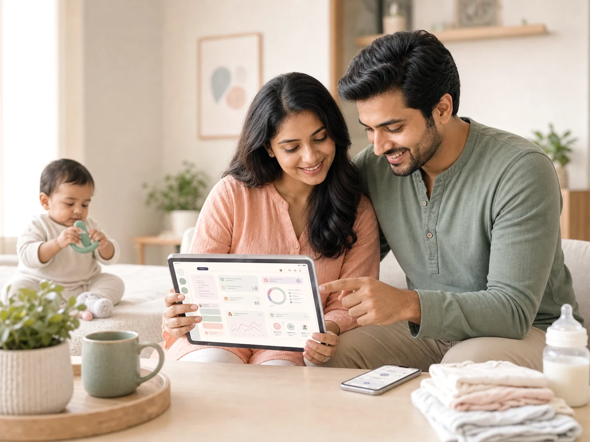 Indian parents reviewing an updated parenting dashboard on a tablet.