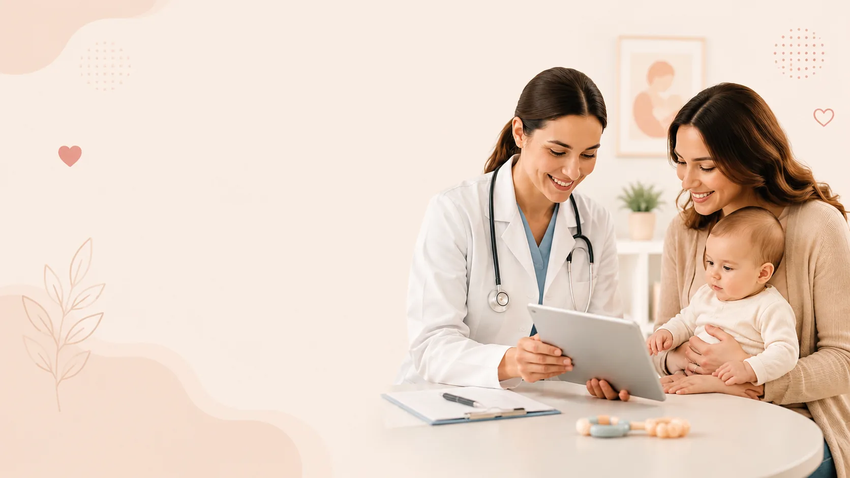 A doctor showing a tablet to a mother holding her baby during a friendly check-up