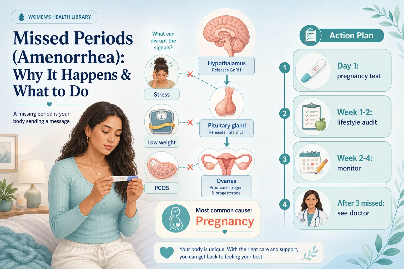 Missed or late period — take a pregnancy test first if sexually active, then common causes like stress, weight change, PCOS and thyroid, and when to see a doctor