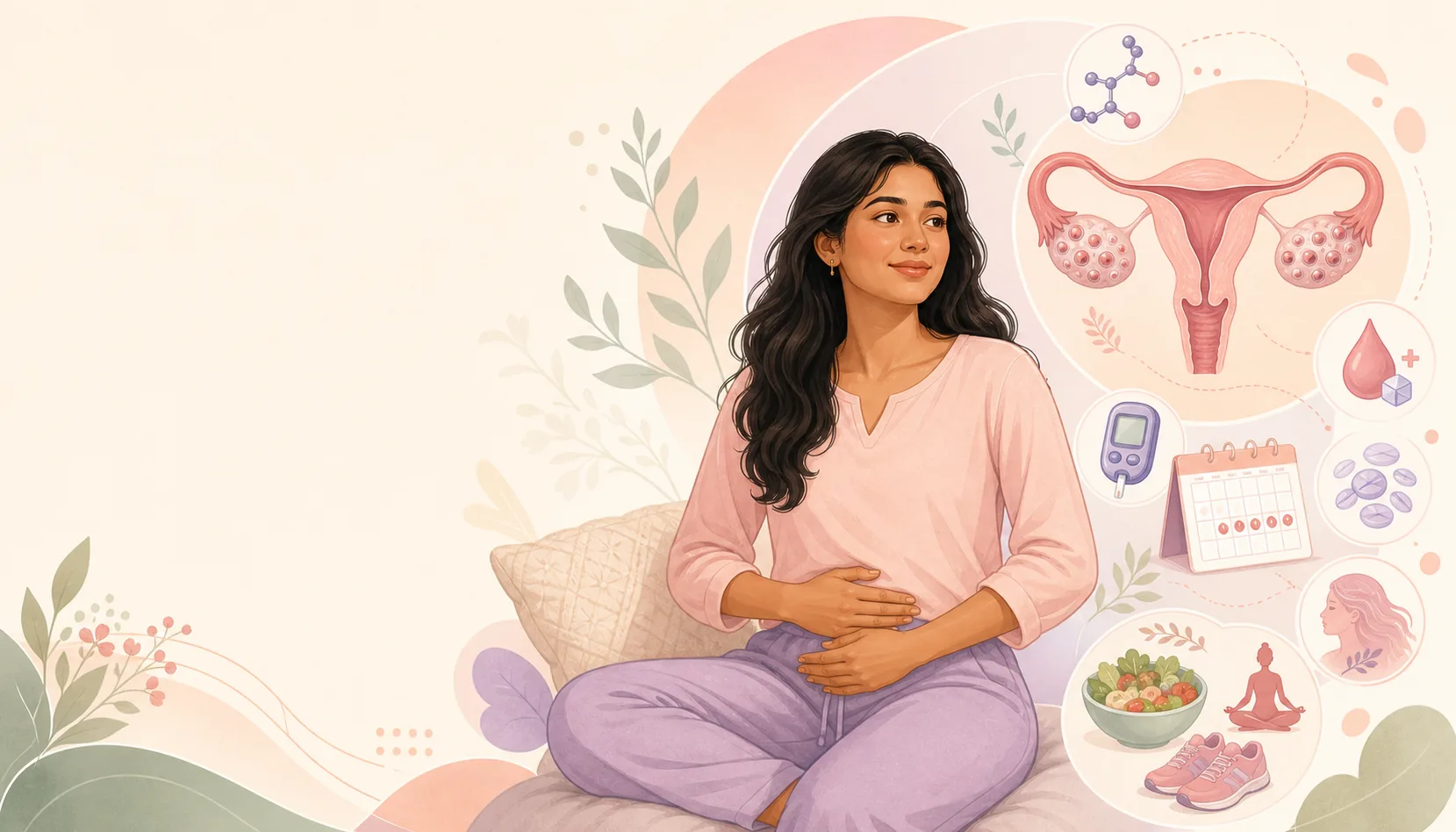 PCOS infographic — hormonal imbalance (LH, estrogen, insulin, androgens), common symptoms, irregular ovulation, and lifestyle management