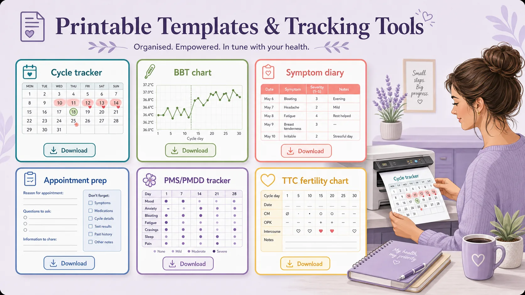 Printables — free printable templates and tracking tools for parents and women's health.