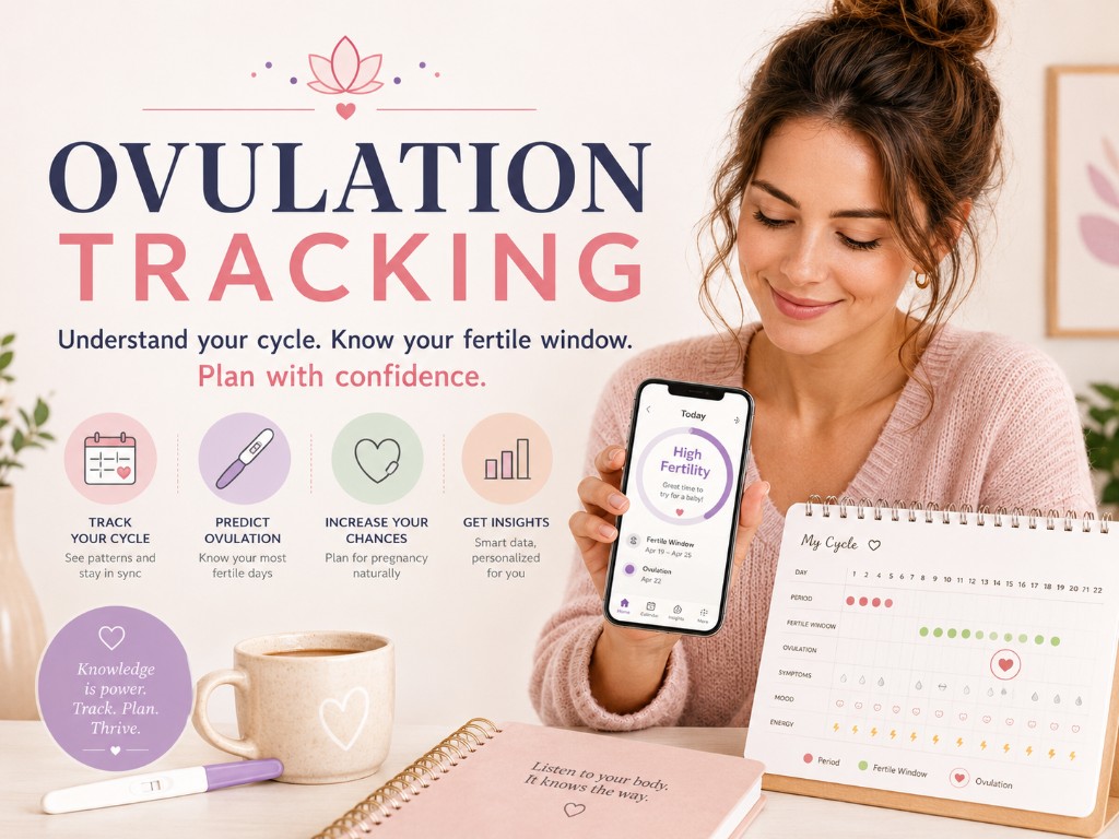 Woman checking ovulation tracking on her phone beside a cycle calendar