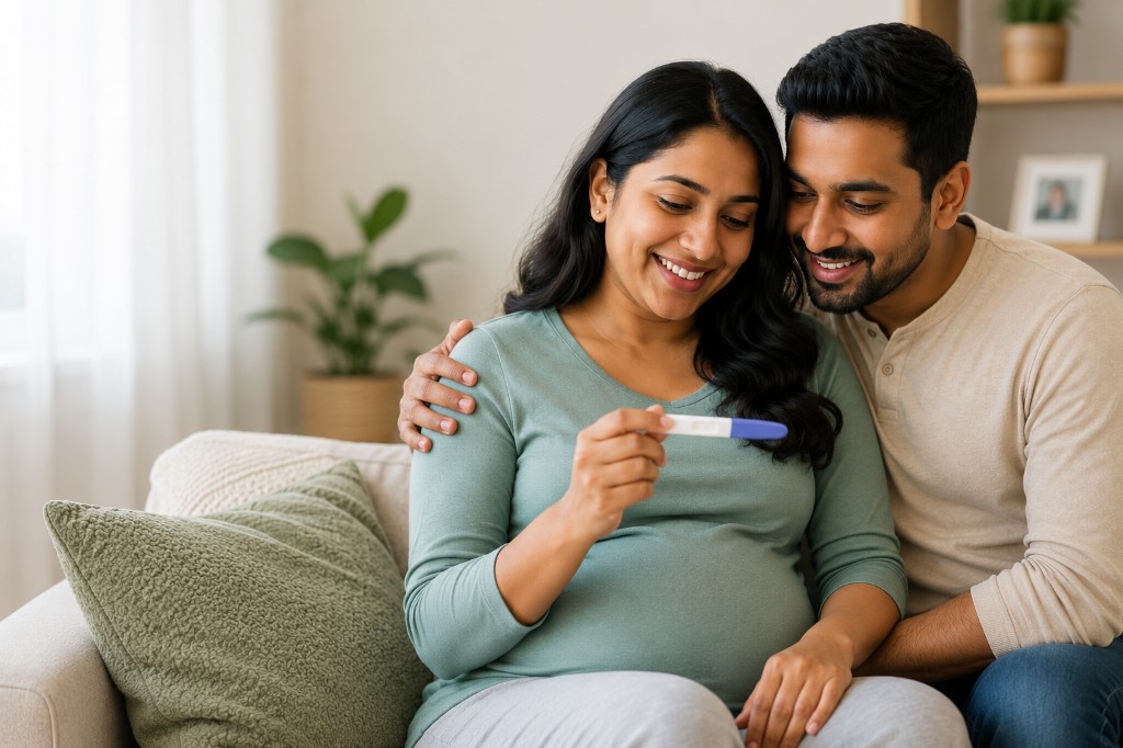 Couple looking at a positive pregnancy test together at home