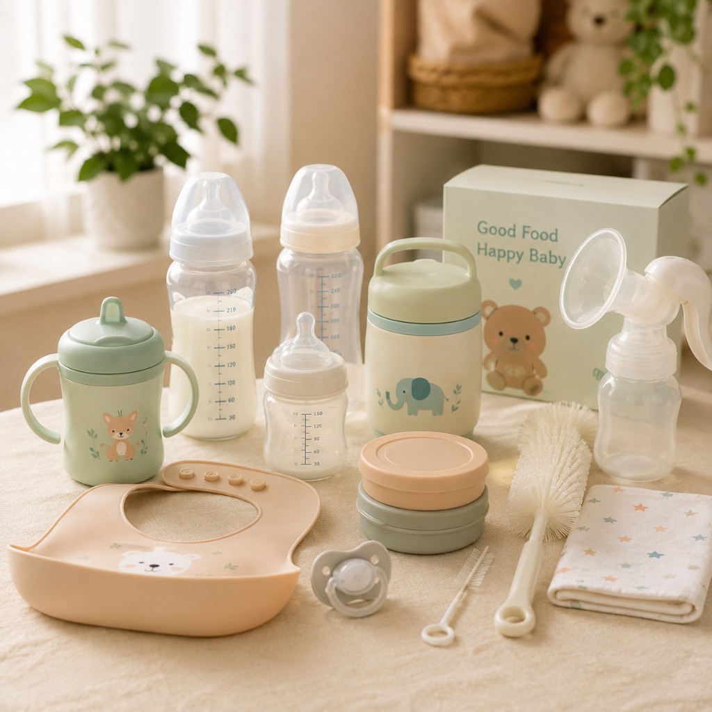 Baby bottles, sippy cup, breast pump, bib, and feeding accessories on a nursery table