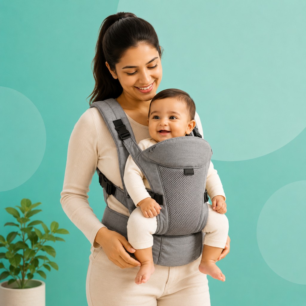 Smiling parent carrying a happy baby in a structured grey baby carrier