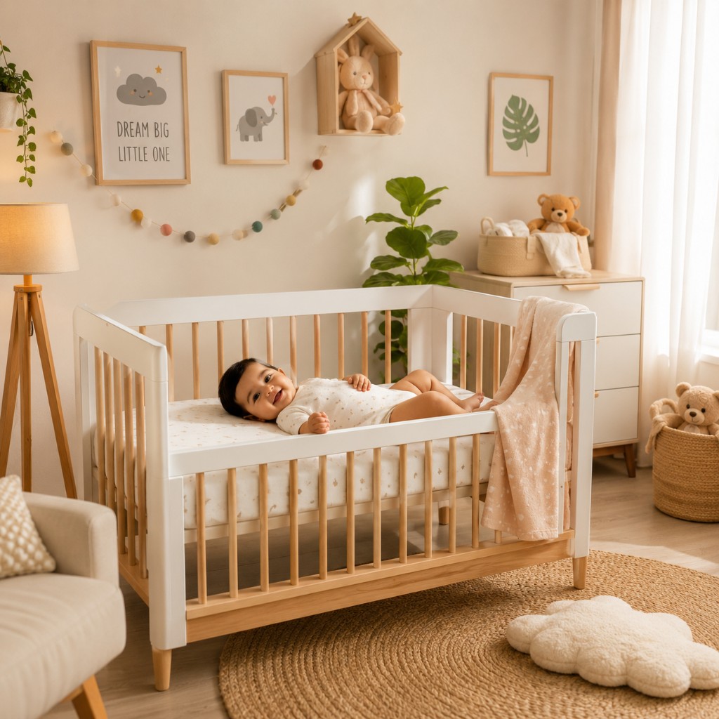 Smiling baby in a modern wooden crib in a bright nursery
