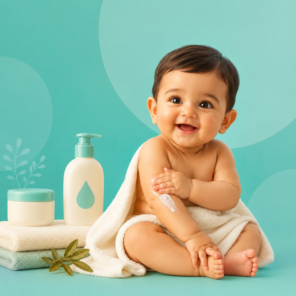 Smiling baby with moisturiser on arm beside gentle baby skincare bottles