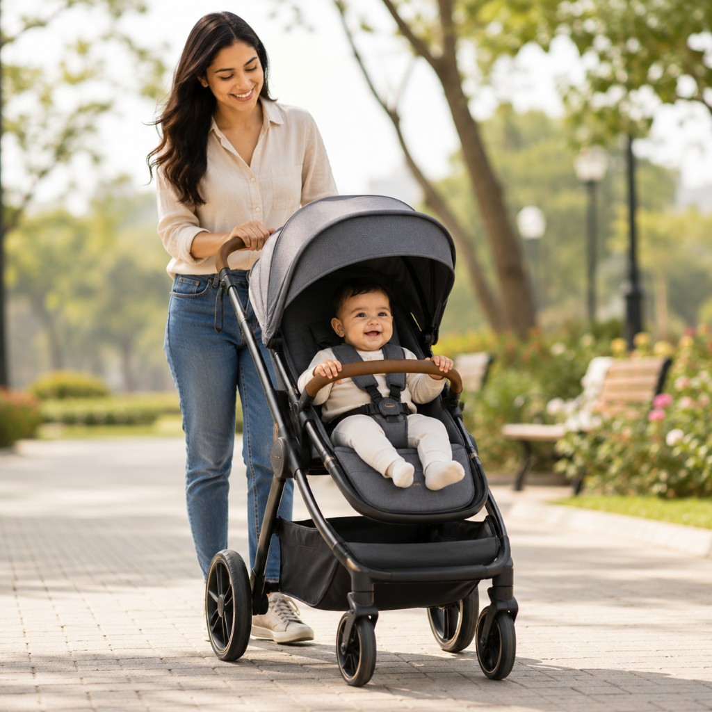 Smiling parent pushing a happy baby in a modern stroller through a park
