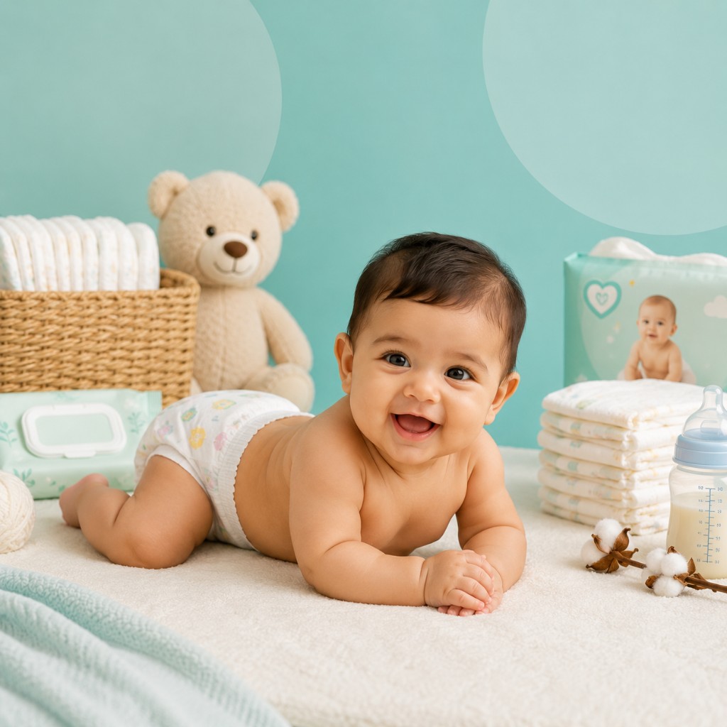 Smiling baby in a diaper with stacked diapers, wipes, and a teddy bear nearby