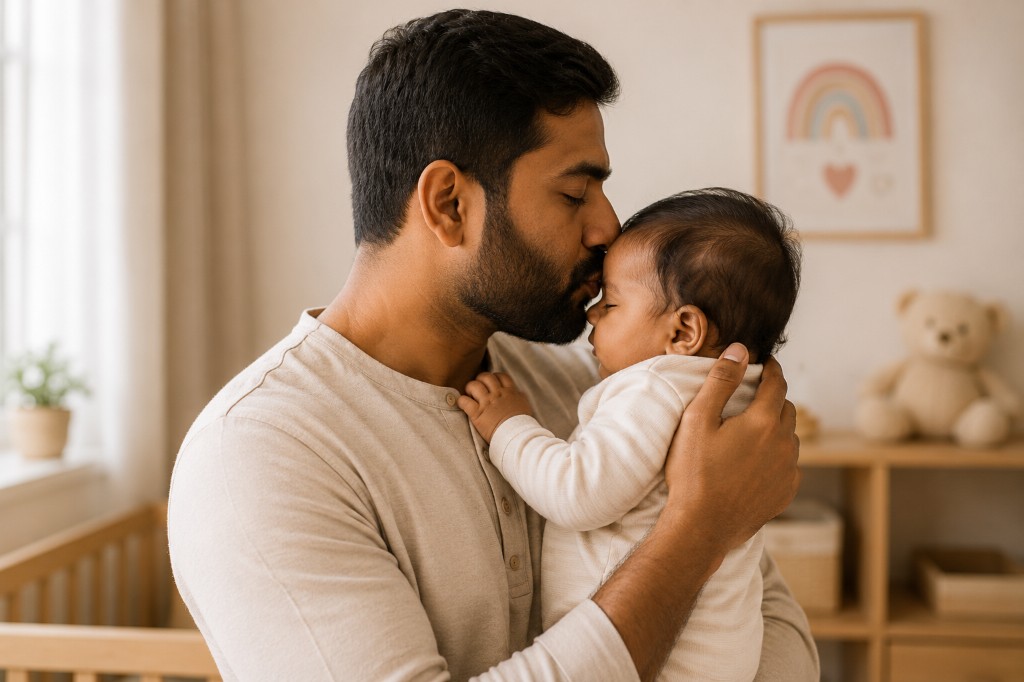 New father gently kissing his sleeping baby