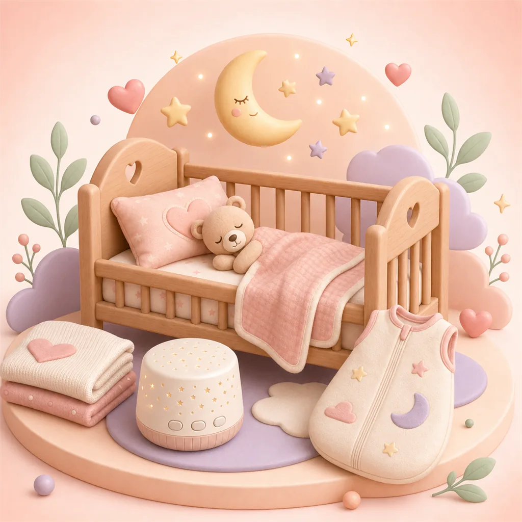 Clay-style baby sleep products with crib, blanket, sleep sack, white noise machine and moon