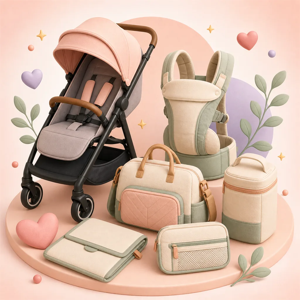 Clay-style baby travel gear with stroller, carrier, diaper bag and travel organizer