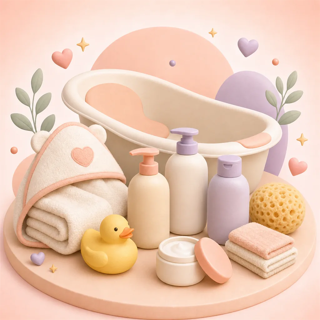 Clay-style bath and skincare essentials with bathtub, towel, lotion bottles and sponge