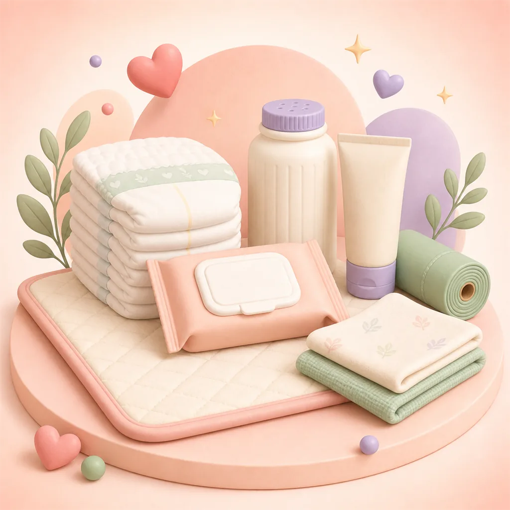 Clay-style diapering essentials with diapers, wipes, rash cream and changing mat