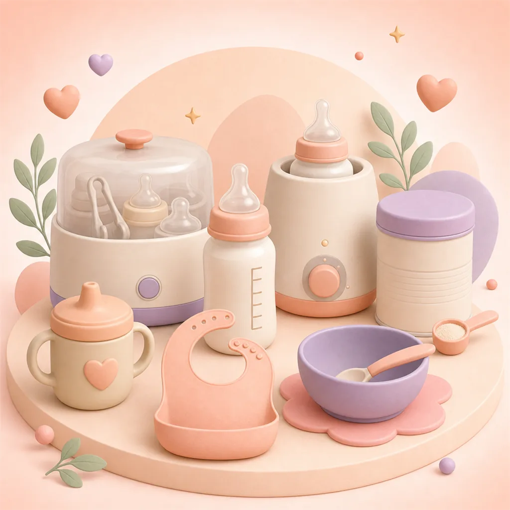 Clay-style feeding essentials with bottle, warmer, steriliser, bib, sippy cup and bowl