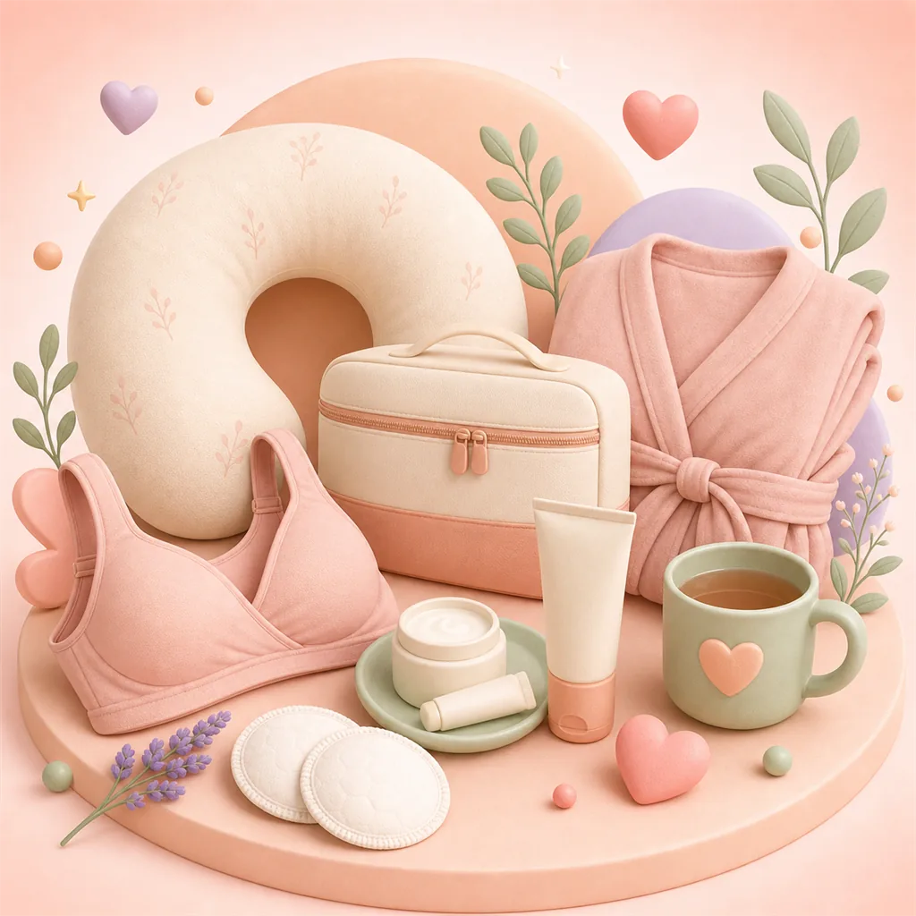Clay-style mom care essentials with nursing bra, recovery kit, nursing pillow, robe and tea mug