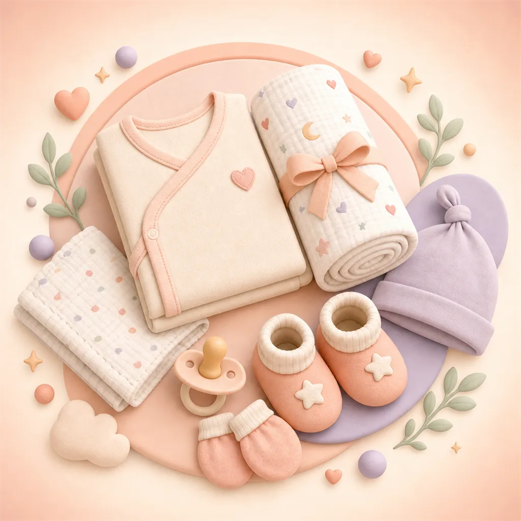Clay-style newborn essentials with onesie, swaddle blanket, pacifier, mittens and booties