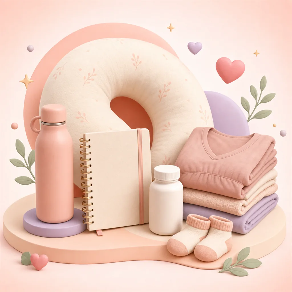 Clay-style pregnancy essentials with maternity pillow, journal, water bottle, vitamins and baby socks