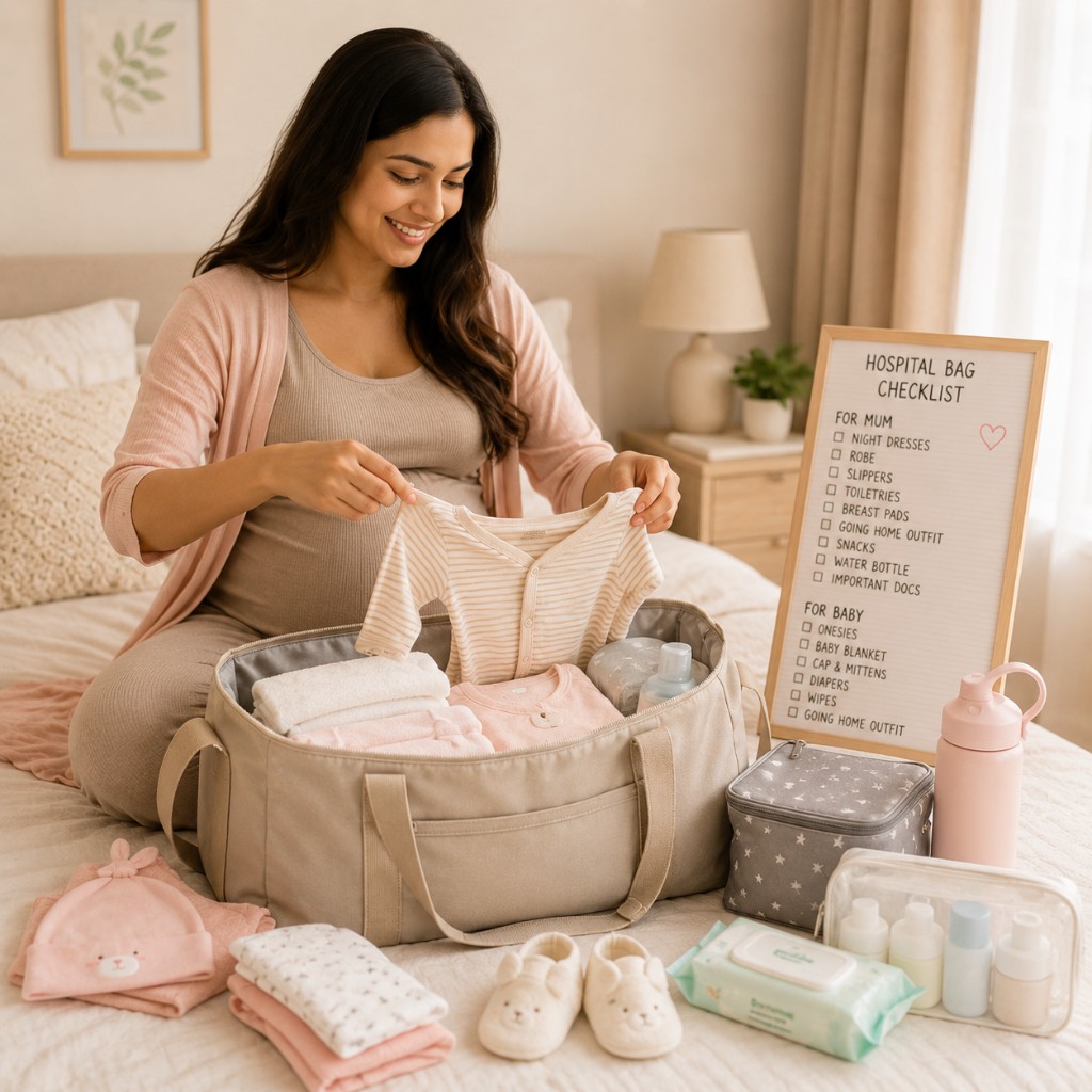 Pregnant woman packing a hospital bag with baby clothes and a checklist board
