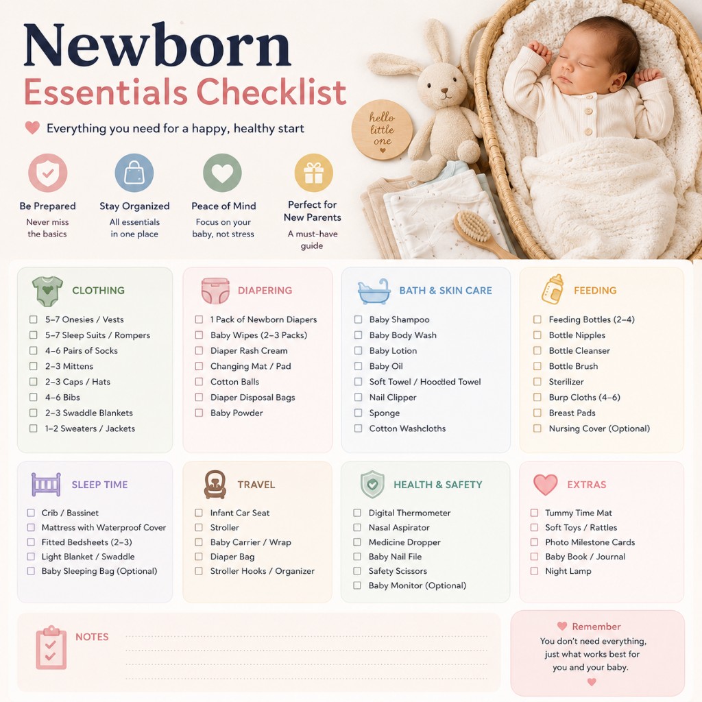 Newborn essentials checklist with sleeping baby, clothing, diapering, and feeding categories
