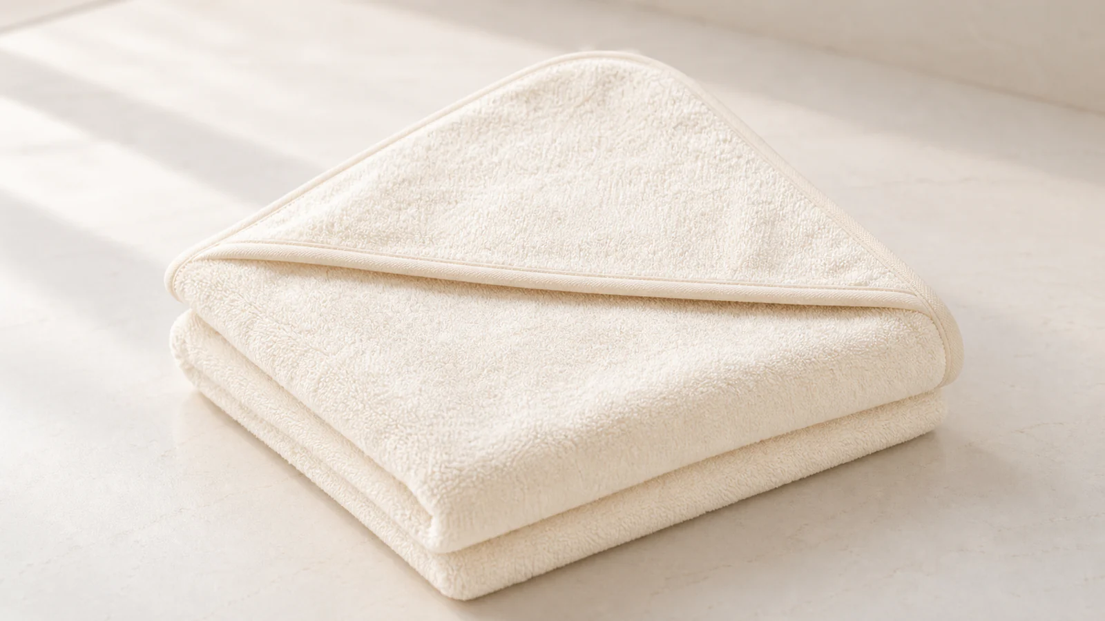 Soft cream hooded baby bath towel folded neatly in warm daylight