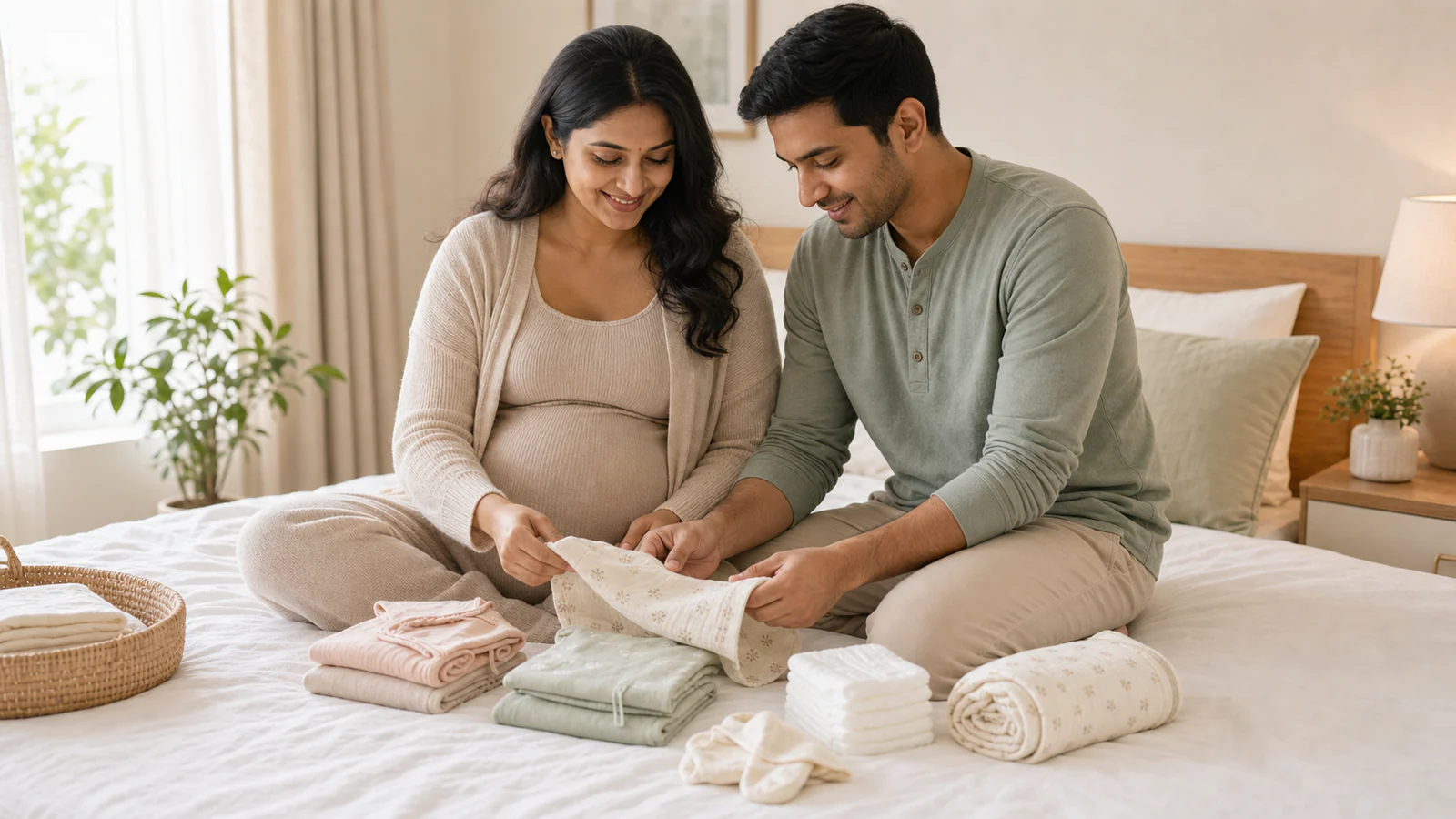 Expecting Indian couple sitting on a bed folding and organising newborn clothes together