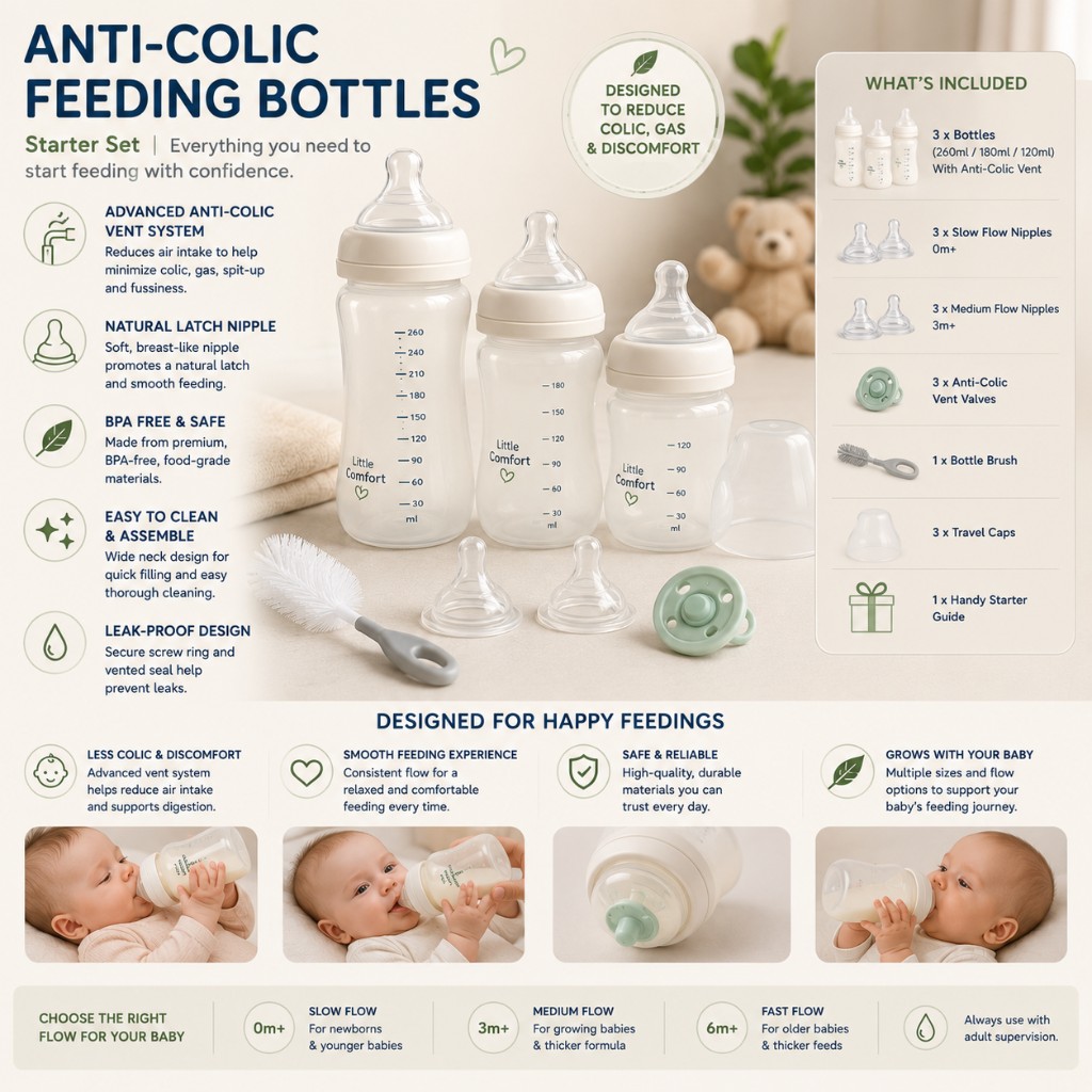 Anti-colic feeding bottle starter set with 120ml, 180ml and 260ml bottles, slow and medium flow teats, vent valves and bottle brush