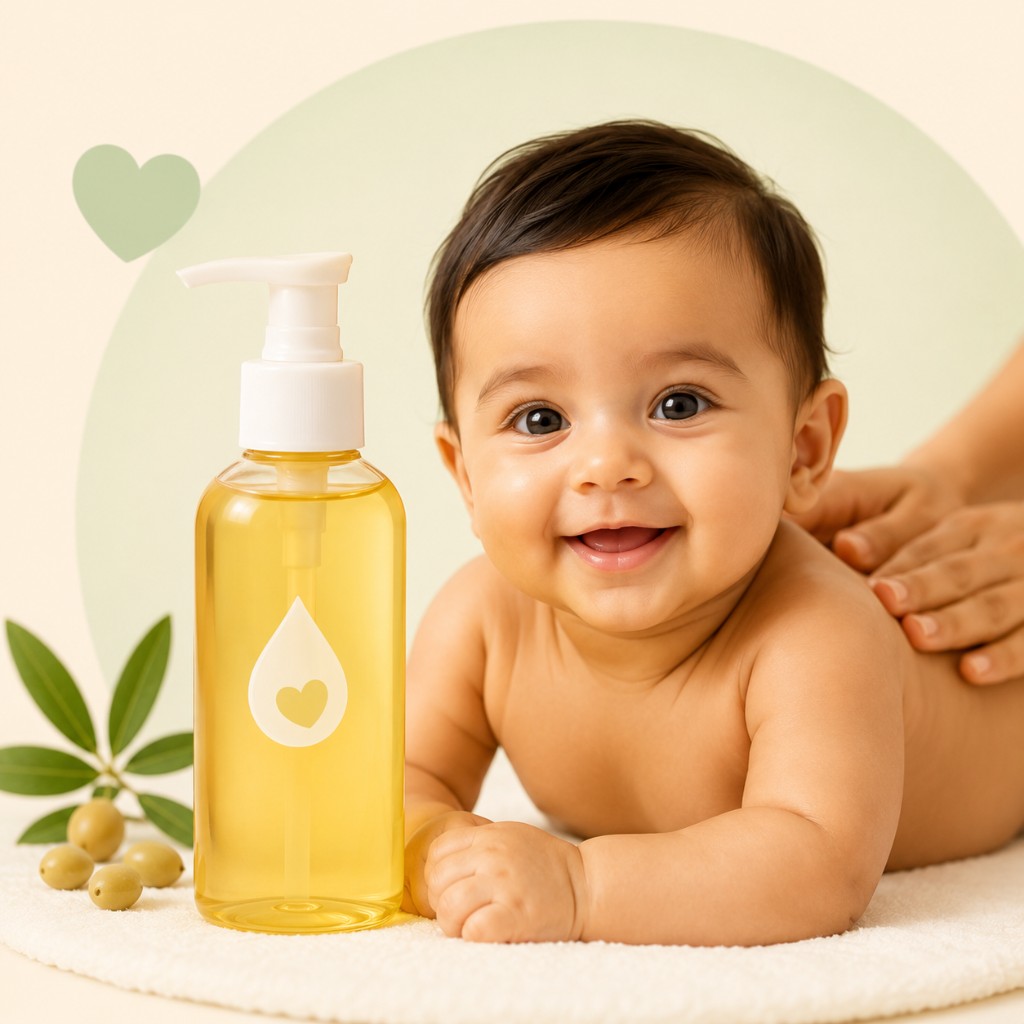 Smiling baby on a towel beside a pump bottle of golden massage oil during a gentle back massage